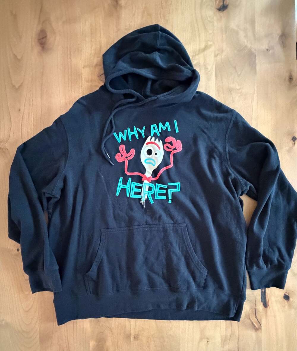Disney Pixar Toy Story 4 Forky 'Why Am I Here?' Black Fleece Hoodie XL